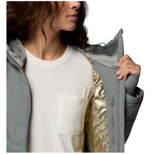 interior of woman wearing Columbia Women's Joy Peak II Mid Hooded Jacket - Sedona Sage on white background
