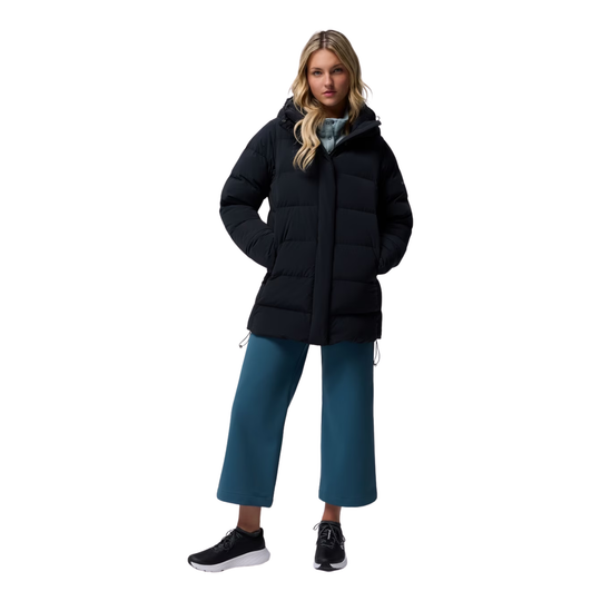 Woman wearing Columbia Women's Amaze Puff Mid Hooded Jacket - Black on white background