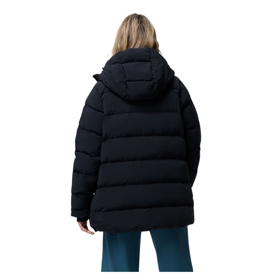 back of Woman wearing Columbia Women's Amaze Puff Mid Hooded Jacket - Black on white background