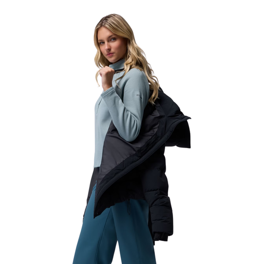 Woman wearing Columbia Women's Amaze Puff Mid Hooded Jacket - Black on white background