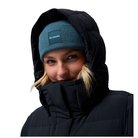 Woman wearing Columbia Women's Amaze Puff Mid Hooded Jacket - Black on white background. close up of hood over.