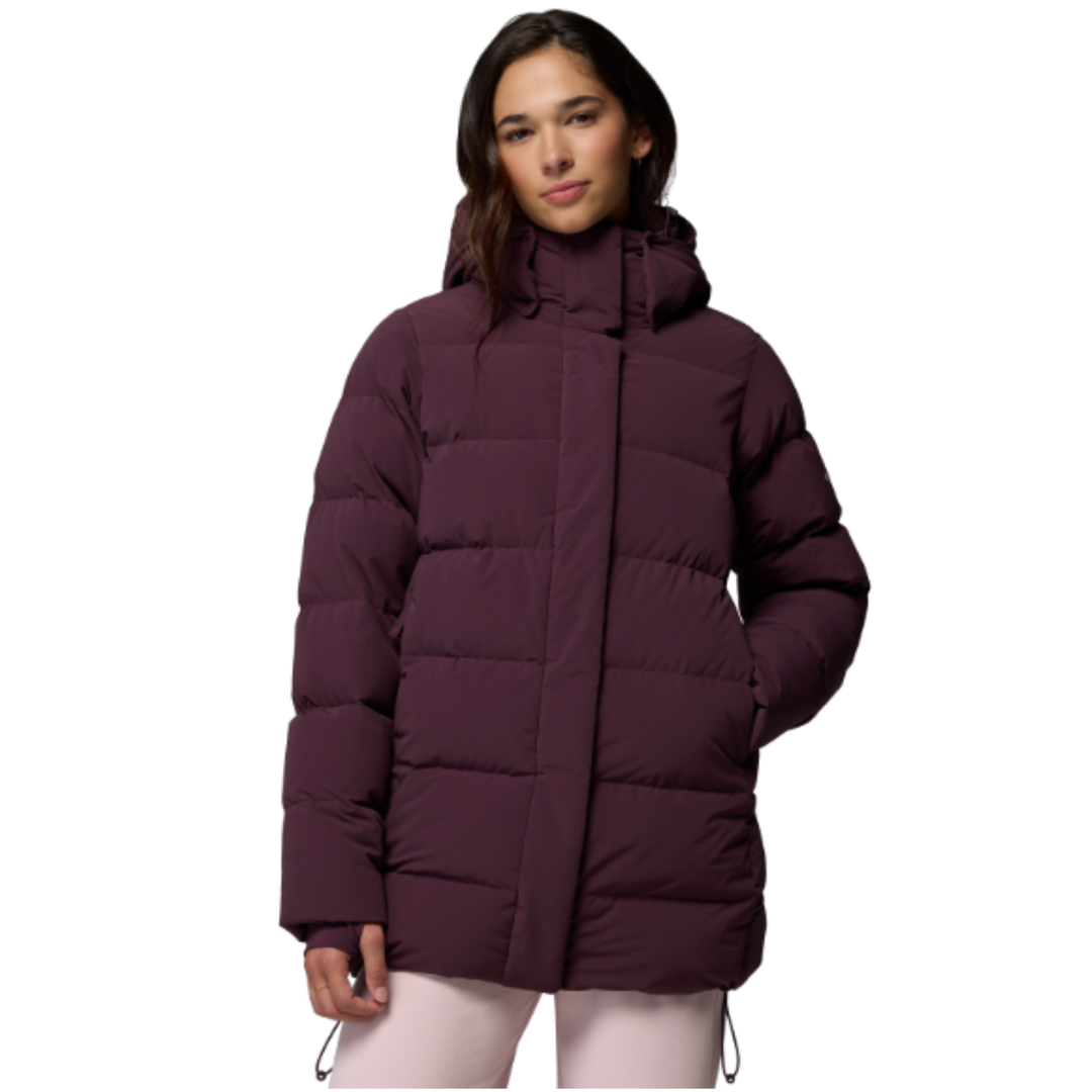Woman wearing Columbia Women's Amaze Puff Mid Hooded Jacket - Moonvista on white background