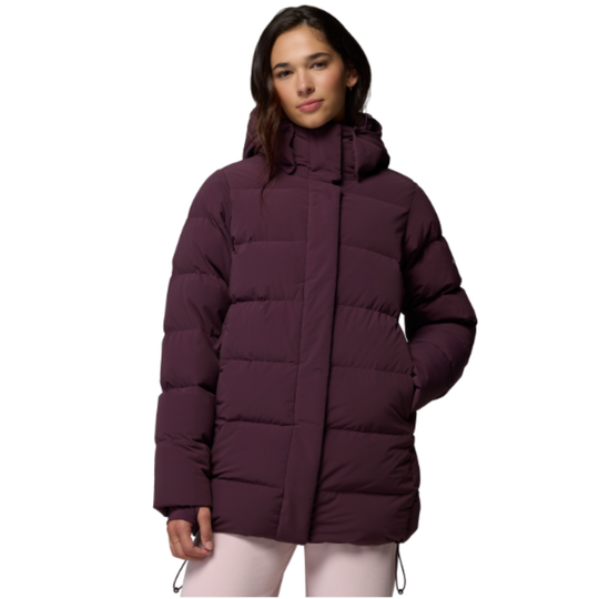 Woman wearing Columbia Women's Amaze Puff Mid Hooded Jacket - Moonvista on white background