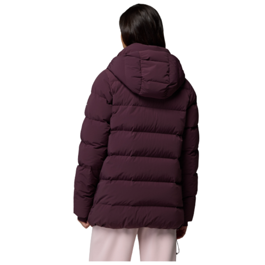 back of Woman wearing Columbia Women's Amaze Puff Mid Hooded Jacket - Moonvista on white background