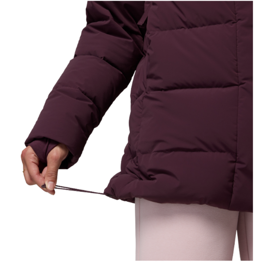 Woman wearing Columbia Women's Amaze Puff Mid Hooded Jacket - Moonvista on white background synching the bottom with bungee