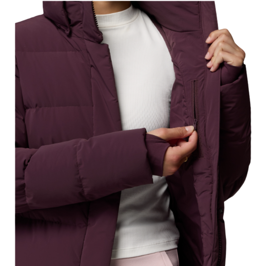Woman wearing Columbia Women's Amaze Puff Mid Hooded Jacket - Moonvista on white background interior zipper