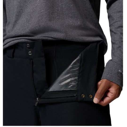 Columbia Men's Bugaboo VI Snow Pant - Black on white background. Zoomed in button snap and zipper closure