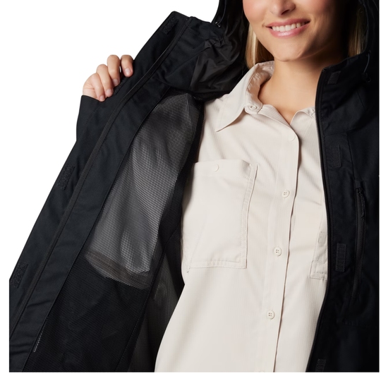 interior of mesh jacket Columbia Women's Hikebound II Rain Jacket - Black on white background