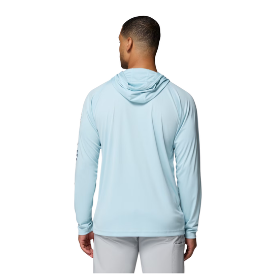 back of man wearing Columbia Men's PFG Terminal Tackle Hoodie - Marine Light on white background