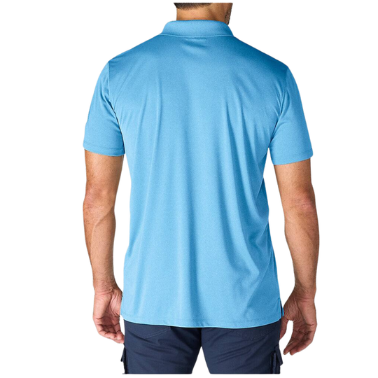 back of man man wearing Carhartt Men's Force Sun Defender Relaxed Logo Polo - Tranquil Blue Heather on white background