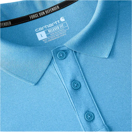 close up of man wearing Carhartt Men's Force Sun Defender Relaxed Logo Polo - Tranquil Blue Heather 