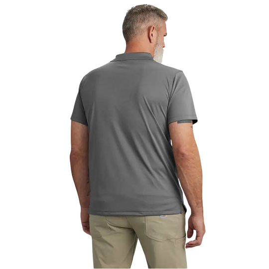 back of man wearing Carhartt Men's Force Sun Defender Relaxed Logo Polo - Steel on white background