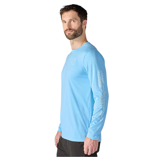 side of man wearing Carhartt Men's Force Sun Defender Lightweight Long Sleeve Logo Graphic T Shirt - Blue Gleam Heather on white background