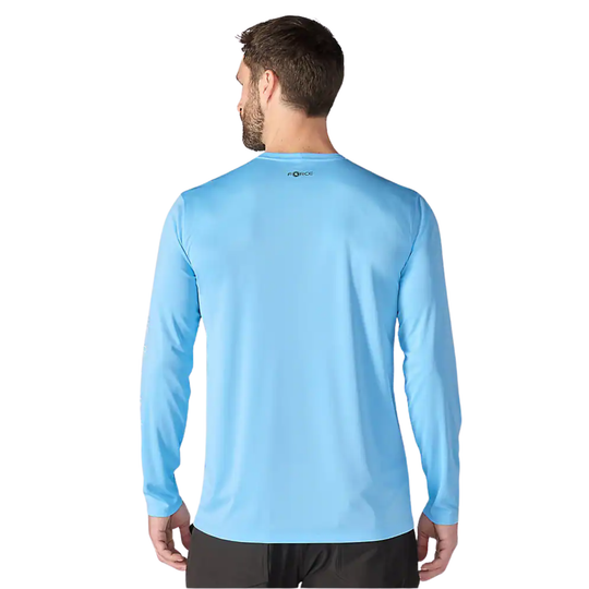 back of man wearing Carhartt Men's Force Sun Defender Lightweight Long Sleeve Logo Graphic T Shirt - Blue Gleam Heather on white background