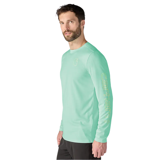 side view of man wearing Carhartt Men's Force Sun Defender Lightweight Long Sleeve Logo Graphic T Shirt - Fresh Mint on white background