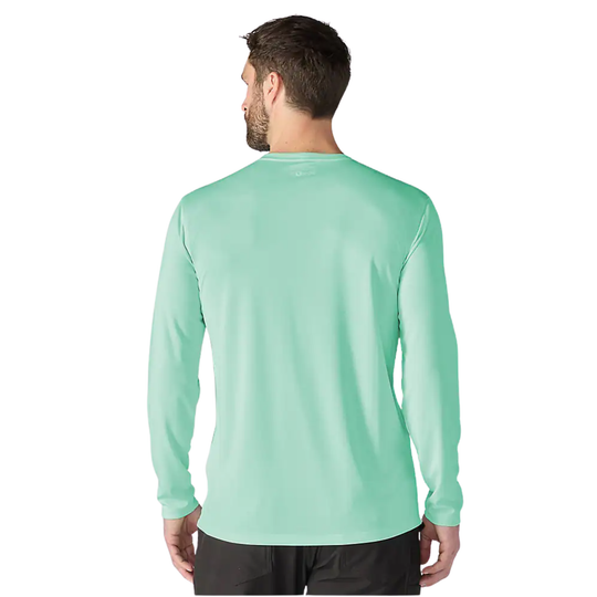 back of man wearing Carhartt Men's Force Sun Defender Lightweight Long Sleeve Logo Graphic T Shirt - Fresh Mint on white background