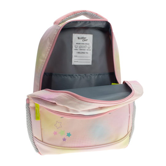 zipper opened on the Western Chief Kids' Unicorn Mini Backpack - Pink on white background