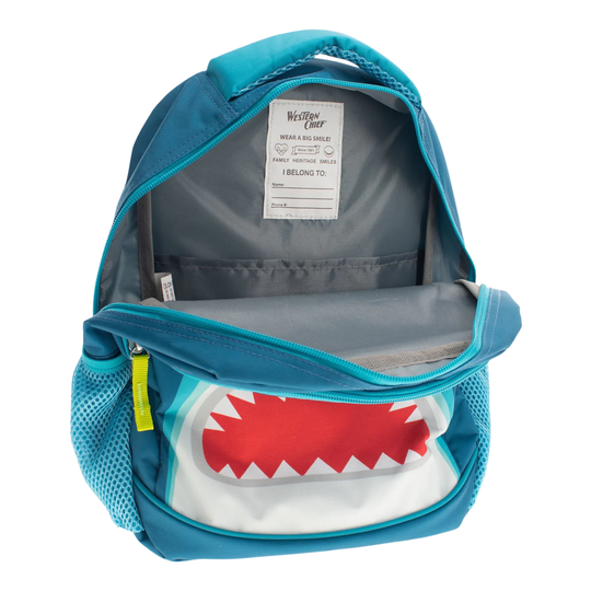 zippered pocket open with name tag Western Chief Kids' Shark Mini Backpack - Blue on white background
