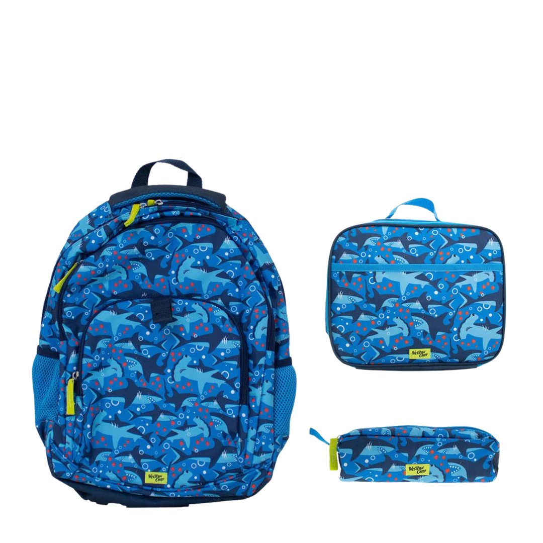 Western Chief Kids' Sharks Chase Backpack - Blue. Backpack, lunch box, and pencil case on white background.