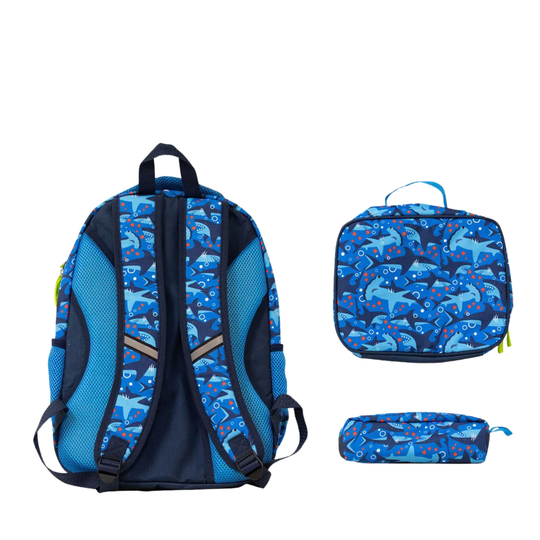 back of Western Chief Kids' Sharks Chase Backpack - Blue. Backpack, lunch box, and pencil case on white background.