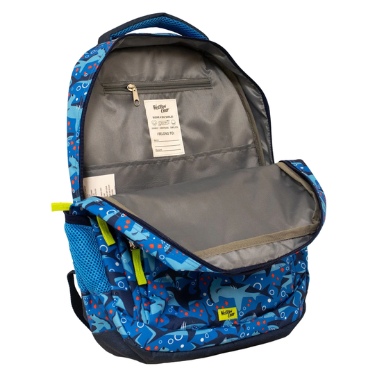 zipper opened on Western Chief Kids' Sharks Chase Backpack - Blue on white background