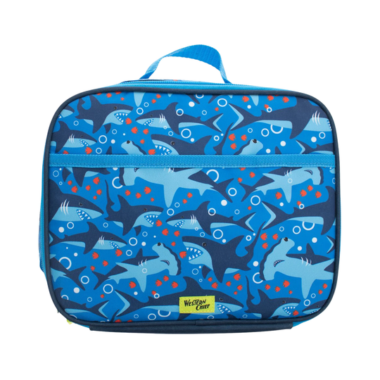 Western Chief Kids' Sharks Chase - Blue. Lunch box on white background.
