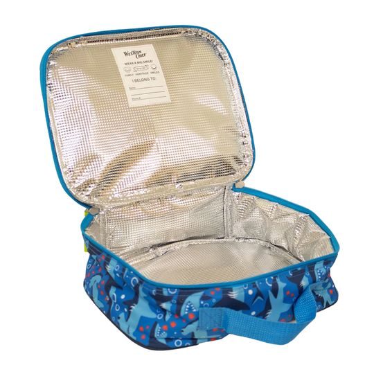 interior of Western Chief Kids' Sharks Chase - Blue. Lunch box on white background.