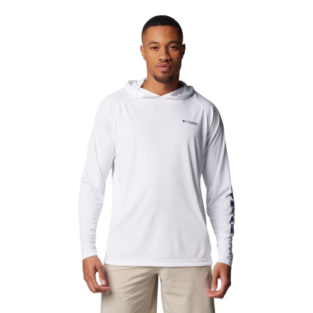 man wearing Columbia Men's PFG Terminal Tackle Hoodie - White on white background