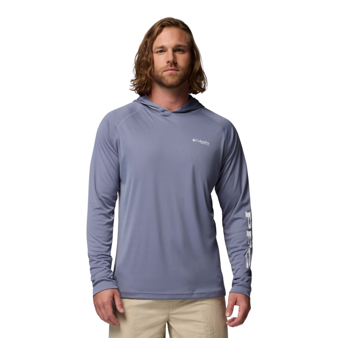man wearing Columbia Men's PFG Terminal Tackle Hoodie - New Moon on white background