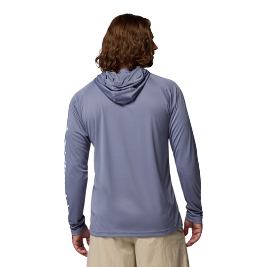 back of man wearing Columbia Men's PFG Terminal Tackle Hoodie - New Moon on white background
