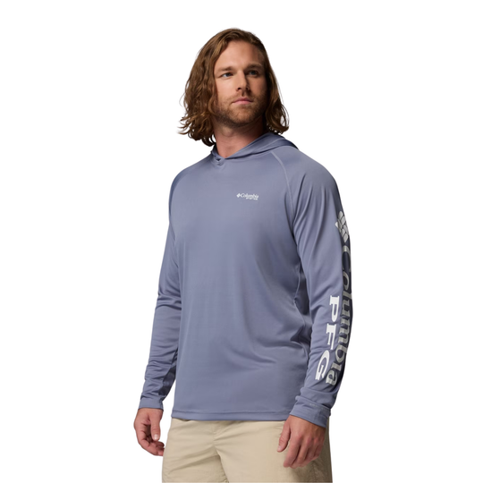 side view of man wearing Columbia Men's PFG Terminal Tackle Hoodie - New Moon on white background