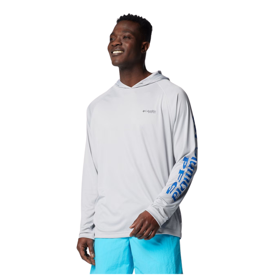 man wearing Columbia Men's PFG Terminal Tackle Hoodie - Cool Grey on white background