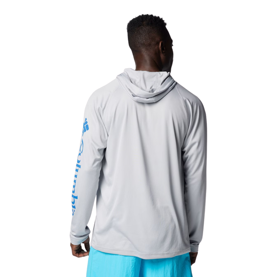 back of man wearing Columbia Men's PFG Terminal Tackle Hoodie - Cool Grey on white background