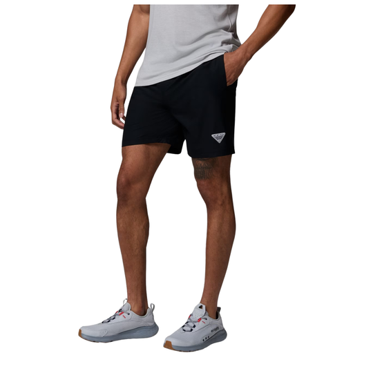 side view of Man wearing Columbia Men's PFG Rambler Water Shorts - Black on white background