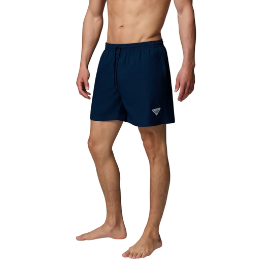 side of Man wearing Columbia Men's PFG Rambler Water Shorts - Collegiate Navy on white background