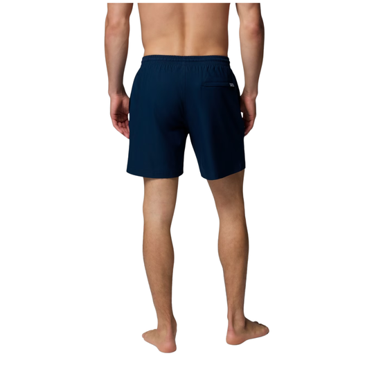 back of Man wearing Columbia Men's PFG Rambler Water Shorts - Collegiate Navy on white background