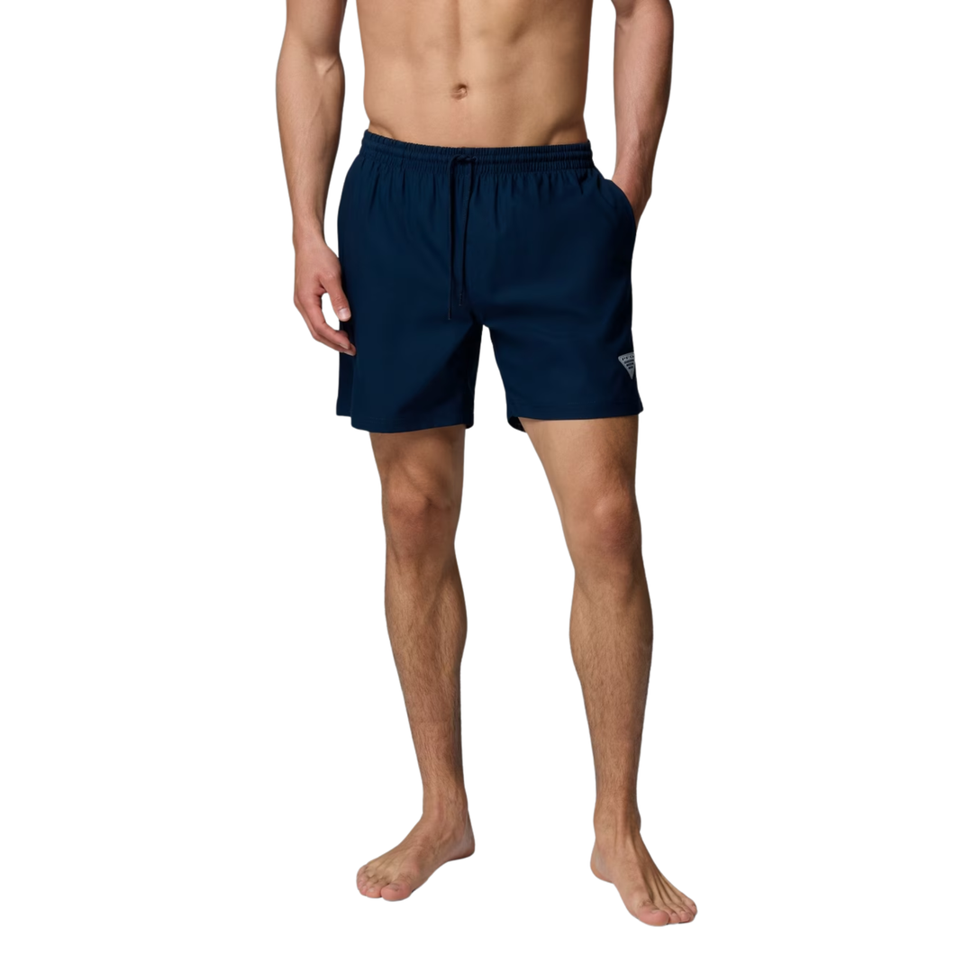 Man wearing Columbia Men's PFG Rambler Water Shorts - Collegiate Navy on white background