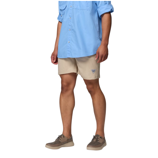 Man wearing Columbia Men's PFG Rambler Water Shorts - Ancient Fossil on white background
