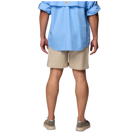 back of Man wearing Columbia Men's PFG Rambler Water Shorts - Ancient Fossil on white background