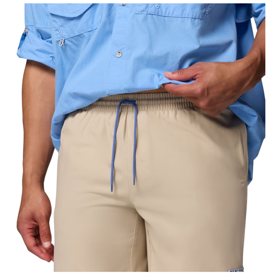 close up of blue draw string. Man wearing Columbia Men's PFG Rambler Water Shorts - Ancient Fossil on white background