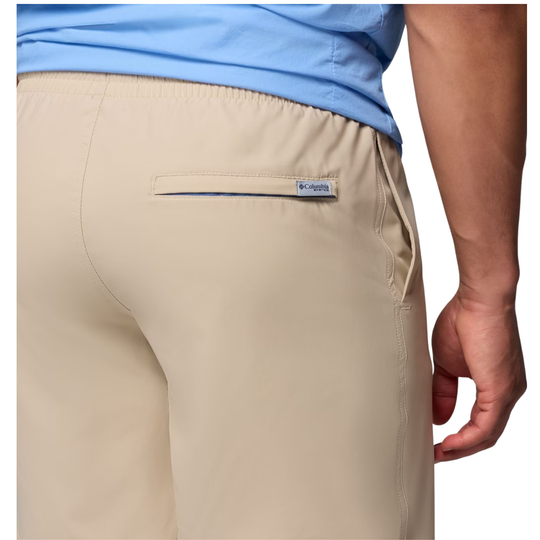 close up of back zipper pocket. Man wearing Columbia Men's PFG Rambler Water Shorts - Ancient Fossil on white background