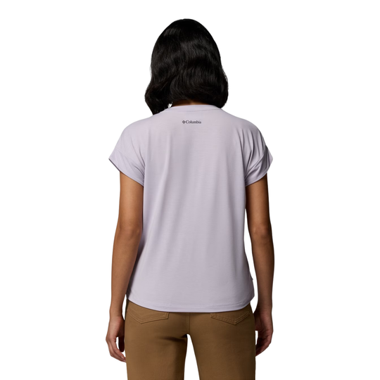 back of woman wearing Columbia Women's Daniela Falls Short Sleeve Shirt - Lavender Pearl on white background
