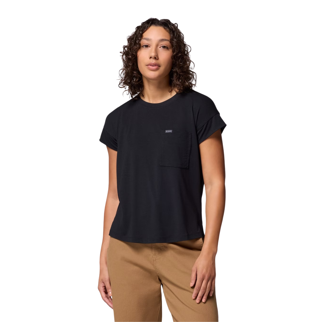 woman wearing Columbia Women's Daniela Falls Short Sleeve Shirt - Black on white background