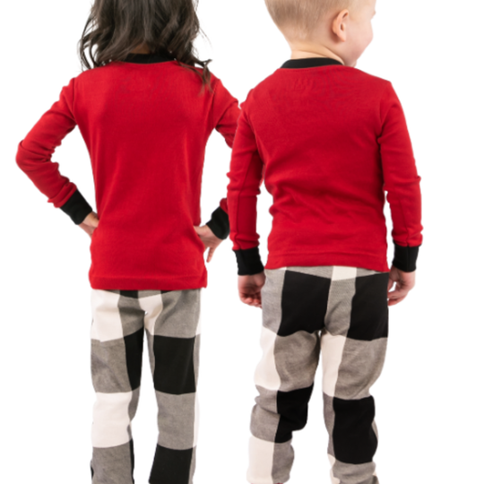 Boy & Girl in Matching red & Plaid PJ set - Back view