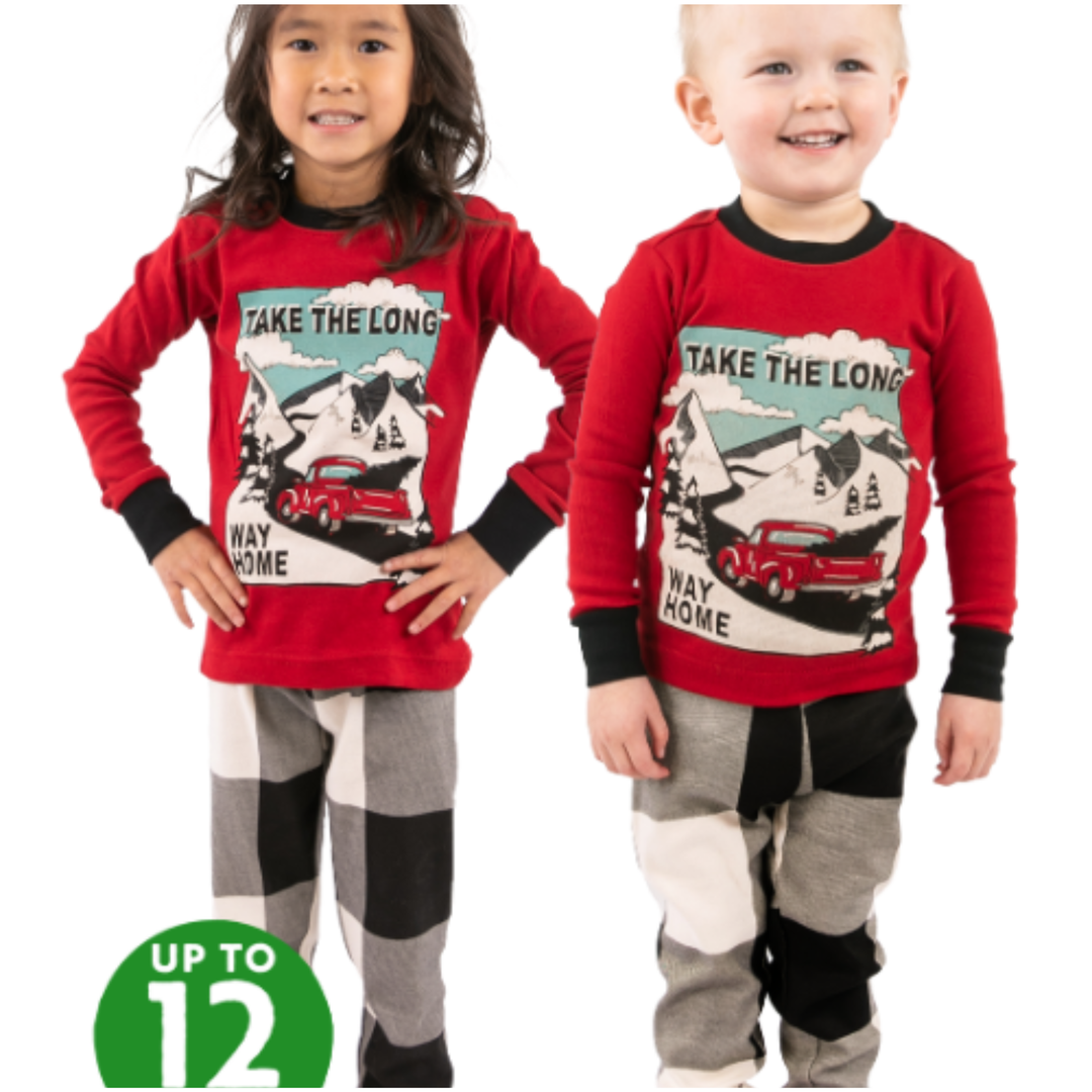 Boy & Girl in Matching red & Plaid PJ set - front view