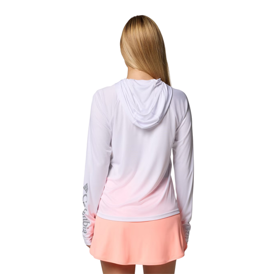 Back of woman wearing Columbia Women's PFG Tidal Tee II Hoodie - White on white background