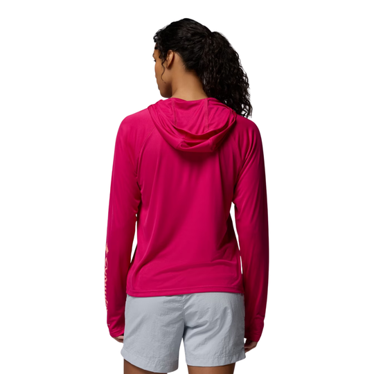 back of Woman wearing Columbia Women's PFG Tidal Tee II Hoodie - Guava Pink on white background