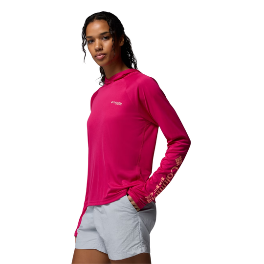 side view of Woman wearing Columbia Women's PFG Tidal Tee II Hoodie - Guava Pink on white background