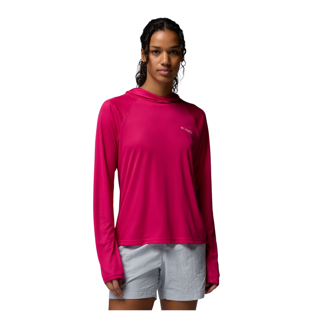 Woman wearing Columbia Women's PFG Tidal Tee II Hoodie - Guava Pink on white background