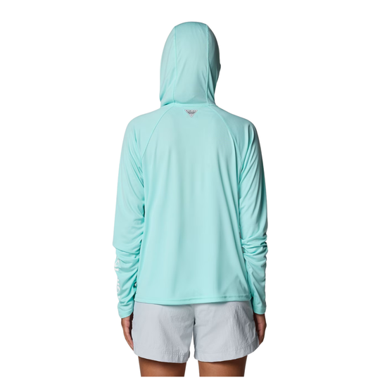 Back of Woman wearing Columbia Women's PFG Tidal Tee II Hoodie - Gulf Stream on white background